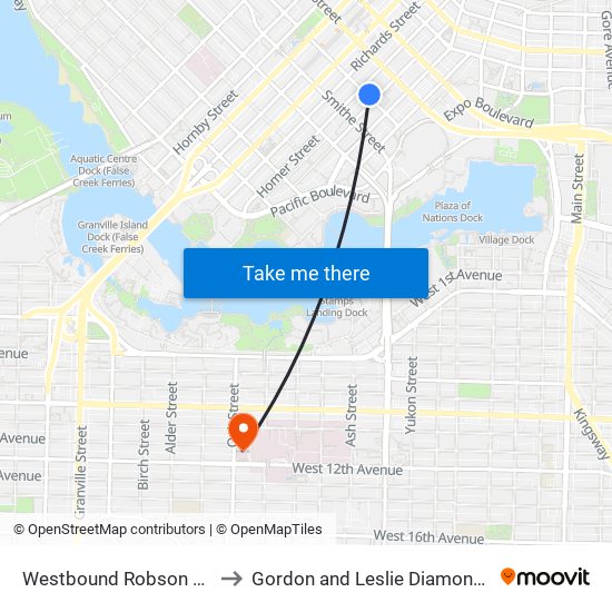 Westbound Robson St @ Hamilton St to Gordon and Leslie Diamond Health Care Centre map