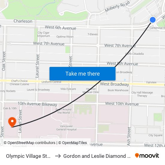 Olympic Village Station @ Bay 1 to Gordon and Leslie Diamond Health Care Centre map