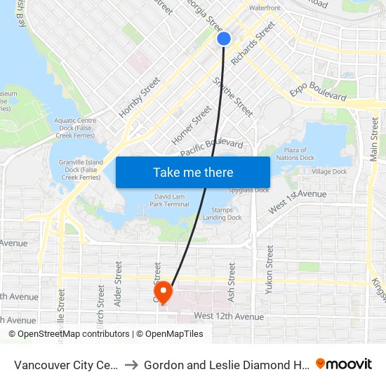 Vancouver City Centre Station to Gordon and Leslie Diamond Health Care Centre map