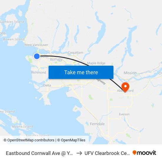 Eastbound Cornwall Ave @ Yew St to UFV Clearbrook Centre map
