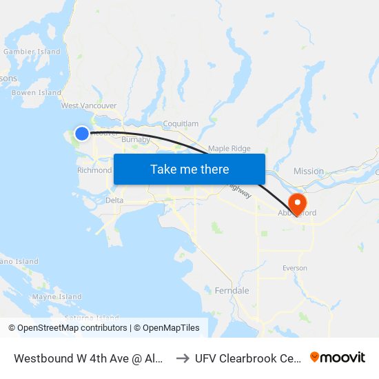 Westbound W 4th Ave @ Alma St to UFV Clearbrook Centre map