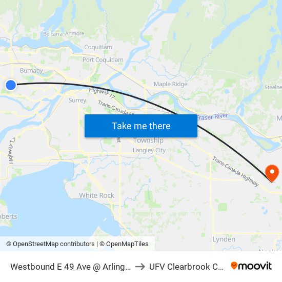 Westbound E 49 Ave @ Arlington St to UFV Clearbrook Centre map