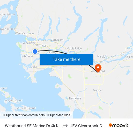 Westbound SE Marine Dr @ Kerr St to UFV Clearbrook Centre map