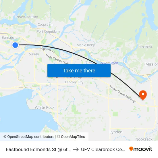 Eastbound Edmonds St @ 6th St to UFV Clearbrook Centre map