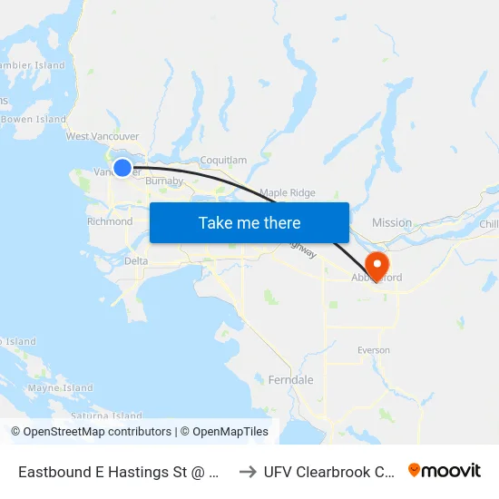 Eastbound E Hastings St @ Main St to UFV Clearbrook Centre map
