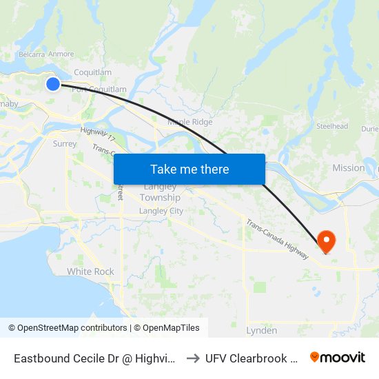 Eastbound Cecile Dr @ Highview Place to UFV Clearbrook Centre map