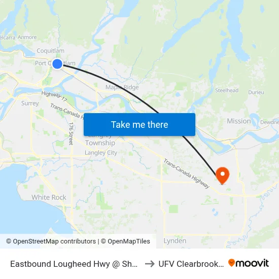 Eastbound Lougheed Hwy @ Shaughnessy St to UFV Clearbrook Centre map