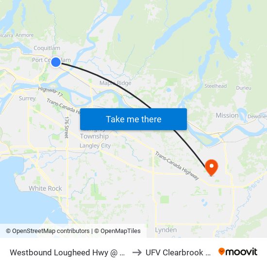 Westbound Lougheed Hwy @ Oxford St to UFV Clearbrook Centre map