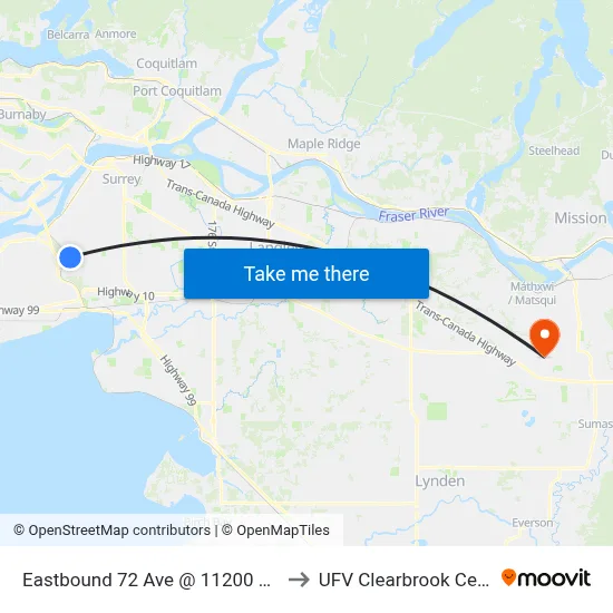 Eastbound 72 Ave @ 11200 Block to UFV Clearbrook Centre map
