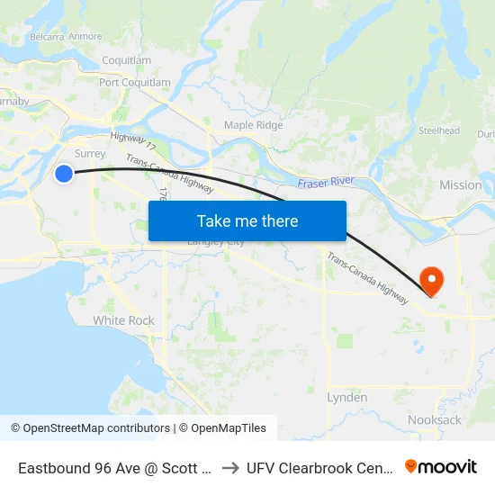 Eastbound 96 Ave @ Scott Rd to UFV Clearbrook Centre map