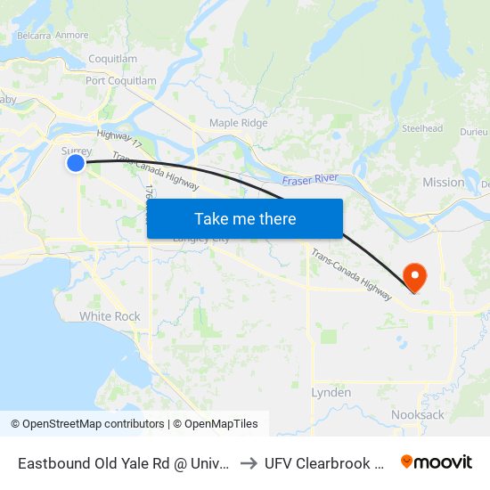 Eastbound Old Yale Rd @ University Dr to UFV Clearbrook Centre map