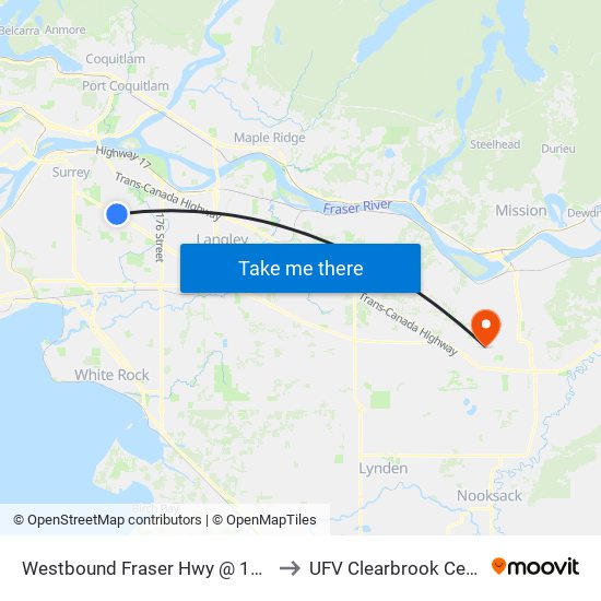 Westbound Fraser Hwy @ 156 St to UFV Clearbrook Centre map