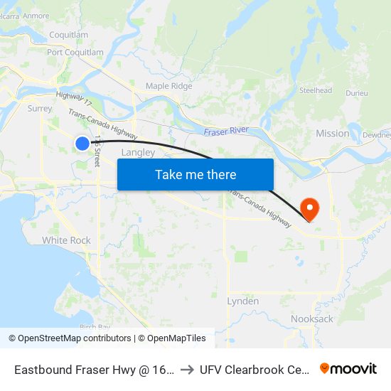 Eastbound Fraser Hwy @ 164 St to UFV Clearbrook Centre map