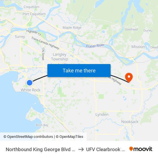 Northbound King George Blvd @ 152 St to UFV Clearbrook Centre map