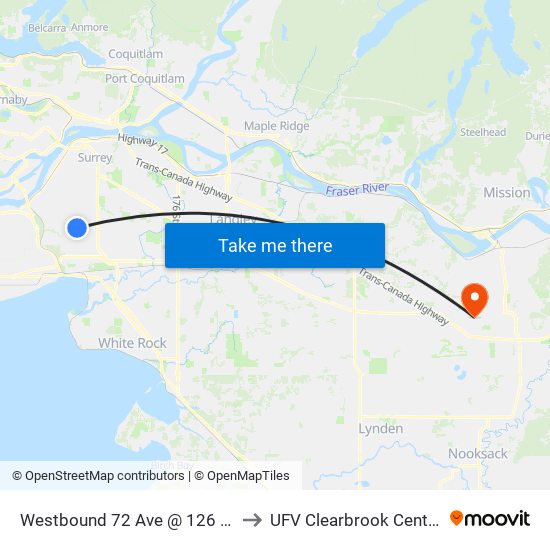 Westbound 72 Ave @ 126 St to UFV Clearbrook Centre map