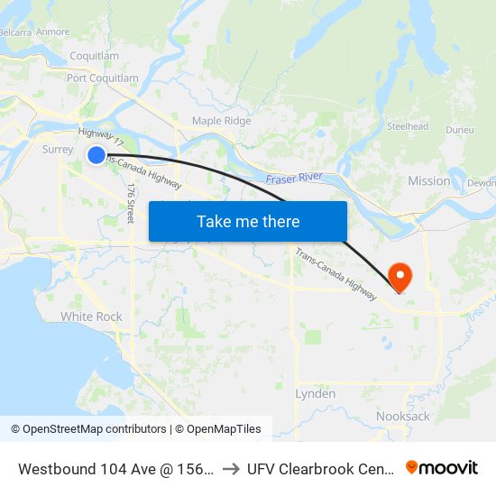 Westbound 104 Ave @ 156 St to UFV Clearbrook Centre map