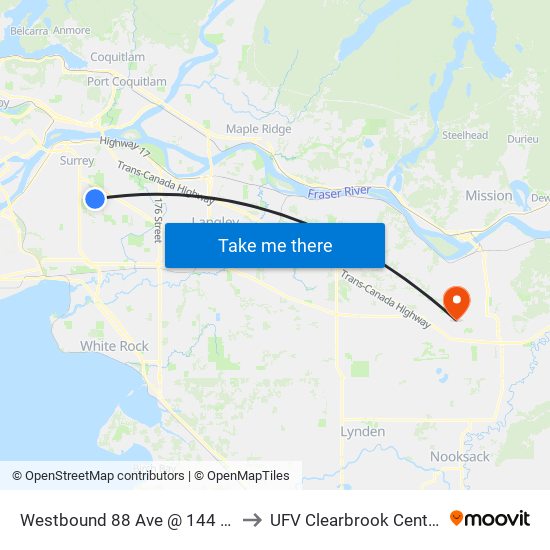 Westbound 88 Ave @ 144 St to UFV Clearbrook Centre map
