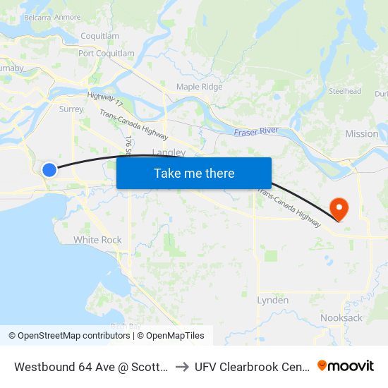 Westbound 64 Ave @ Scott Rd to UFV Clearbrook Centre map