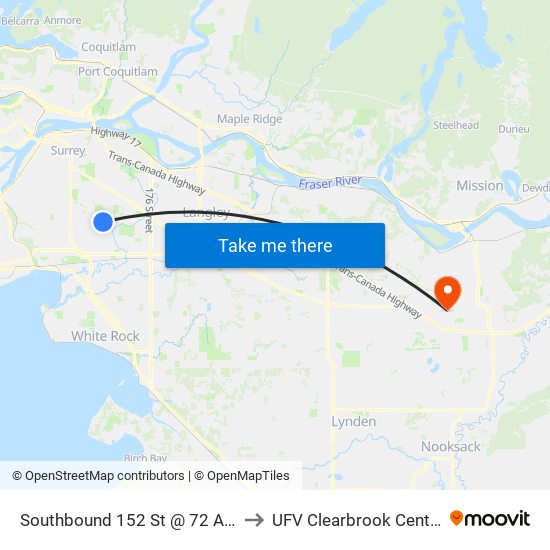 Southbound 152 St @ 72 Ave to UFV Clearbrook Centre map