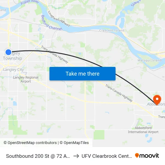 Southbound 200 St @ 72 Ave to UFV Clearbrook Centre map