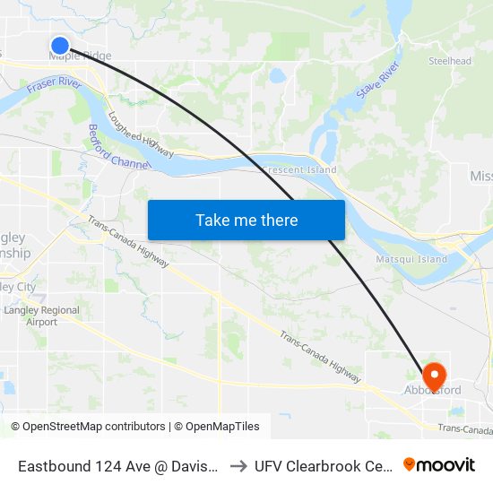 Eastbound 124 Ave @ Davison St to UFV Clearbrook Centre map