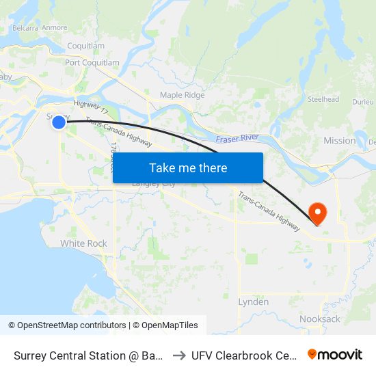 Surrey Central Station @ Bay 12 to UFV Clearbrook Centre map