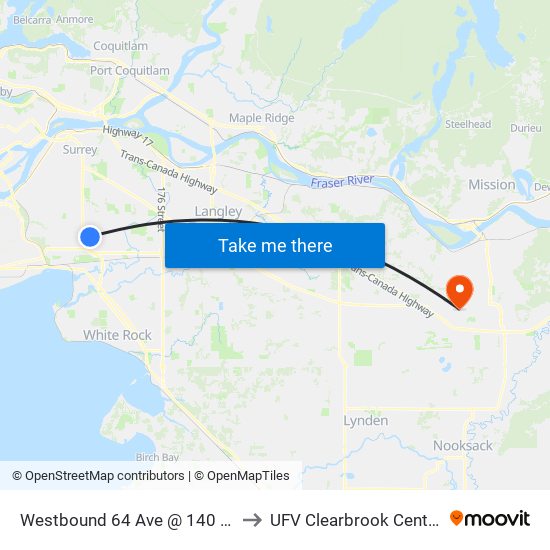 Westbound 64 Ave @ 140 St to UFV Clearbrook Centre map