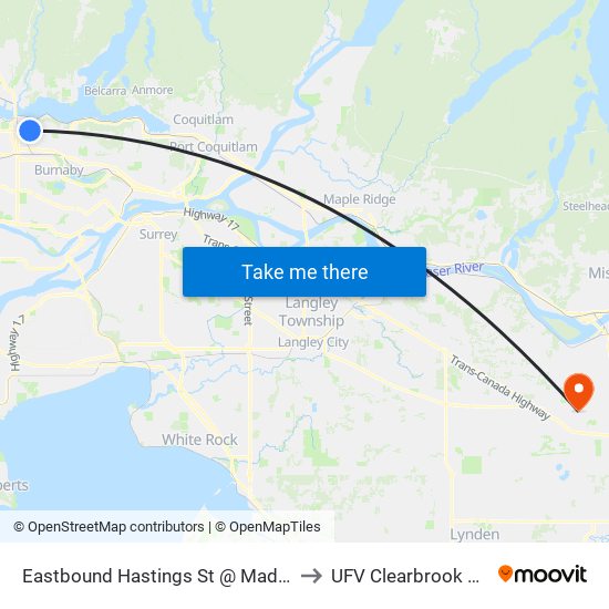 Eastbound Hastings St @ Madison Ave to UFV Clearbrook Centre map