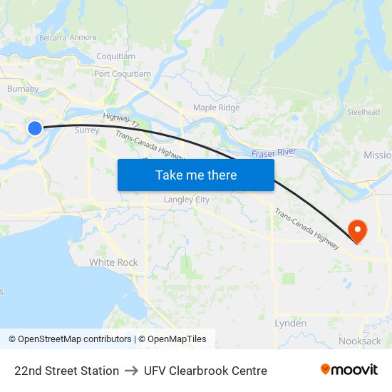 22nd Street Station to UFV Clearbrook Centre map