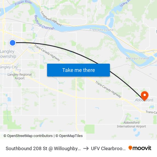 Southbound 208 St @ Willoughby Town Centre Dr to UFV Clearbrook Centre map