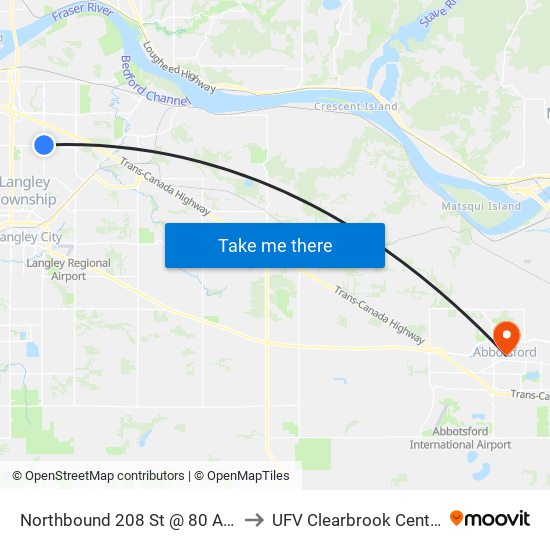 Northbound 208 St @ 80 Ave to UFV Clearbrook Centre map