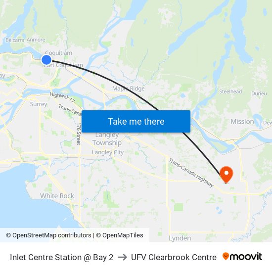 Inlet Centre Station @ Bay 2 to UFV Clearbrook Centre map