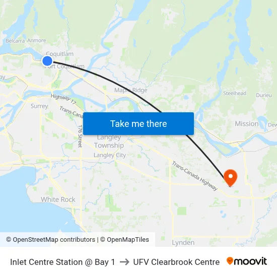 Inlet Centre Station @ Bay 1 to UFV Clearbrook Centre map