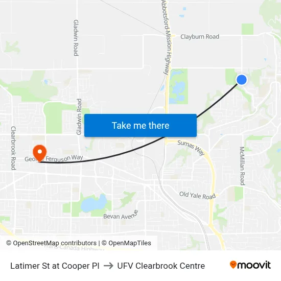 Latimer St at Cooper Pl to UFV Clearbrook Centre map