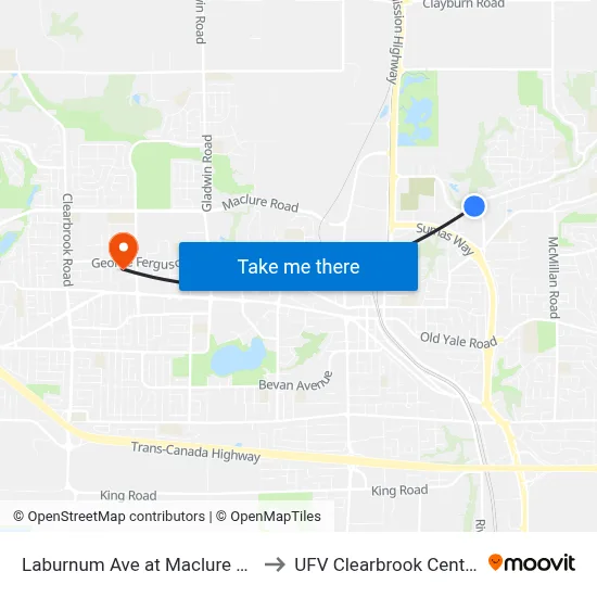 Laburnum Ave at Maclure Rd to UFV Clearbrook Centre map