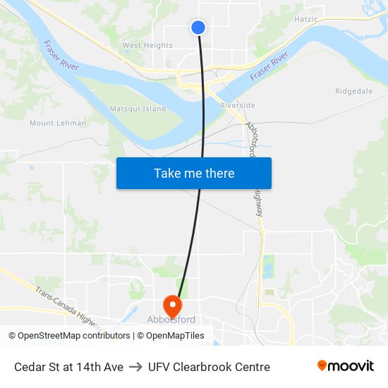 Cedar & 14 Av to UFV Clearbrook Centre map