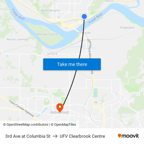 3rd Ave at Columbia St to UFV Clearbrook Centre map