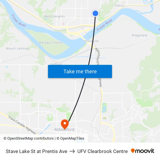 Stave Lk & Prentis to UFV Clearbrook Centre map