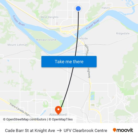 Cade Barr St at Knight Ave to UFV Clearbrook Centre map