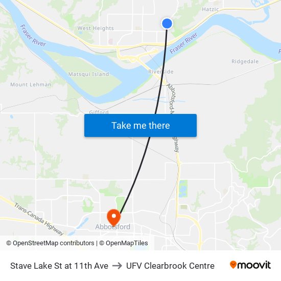 Stave Lake St at 11th Ave to UFV Clearbrook Centre map