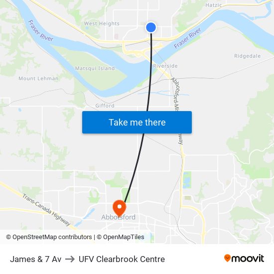James St at 7th Ave to UFV Clearbrook Centre map