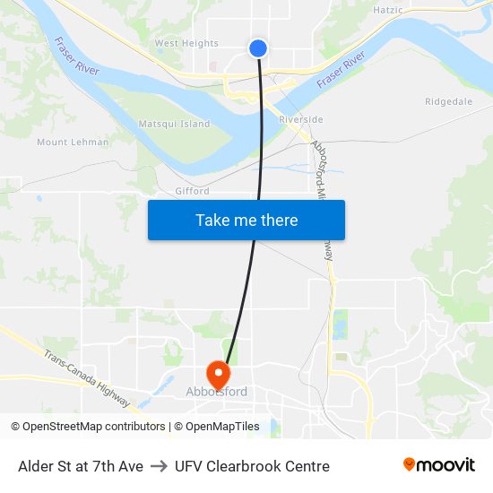 Alder St at 7th Ave to UFV Clearbrook Centre map