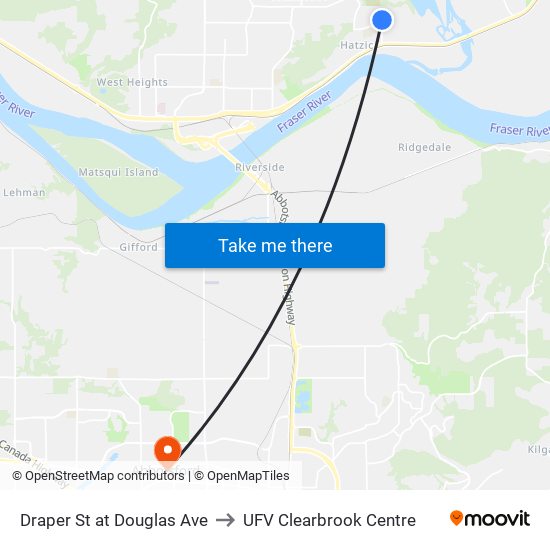 Draper & Douglas to UFV Clearbrook Centre map