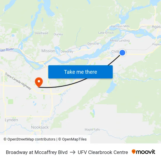 Broadway at Mccaffrey Blvd to UFV Clearbrook Centre map