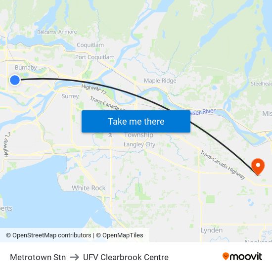 Metrotown Stn to UFV Clearbrook Centre map
