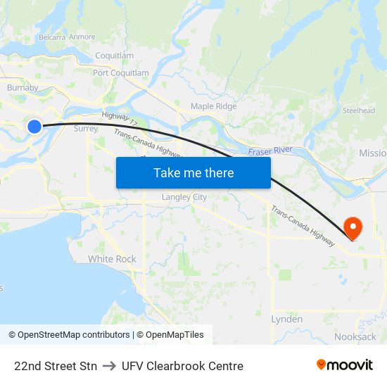 22nd Street Stn to UFV Clearbrook Centre map