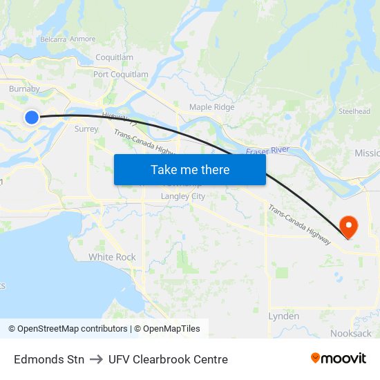 Edmonds Stn to UFV Clearbrook Centre map