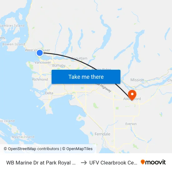 WB Marine Dr at Park Royal North to UFV Clearbrook Centre map