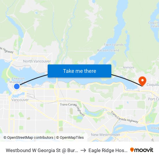 Westbound W Georgia St @ Burrard St to Eagle Ridge Hospital map