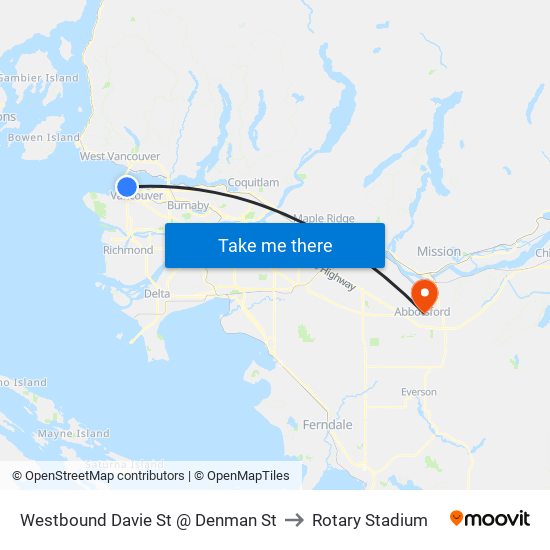 Westbound Davie St @ Denman St to Rotary Stadium map